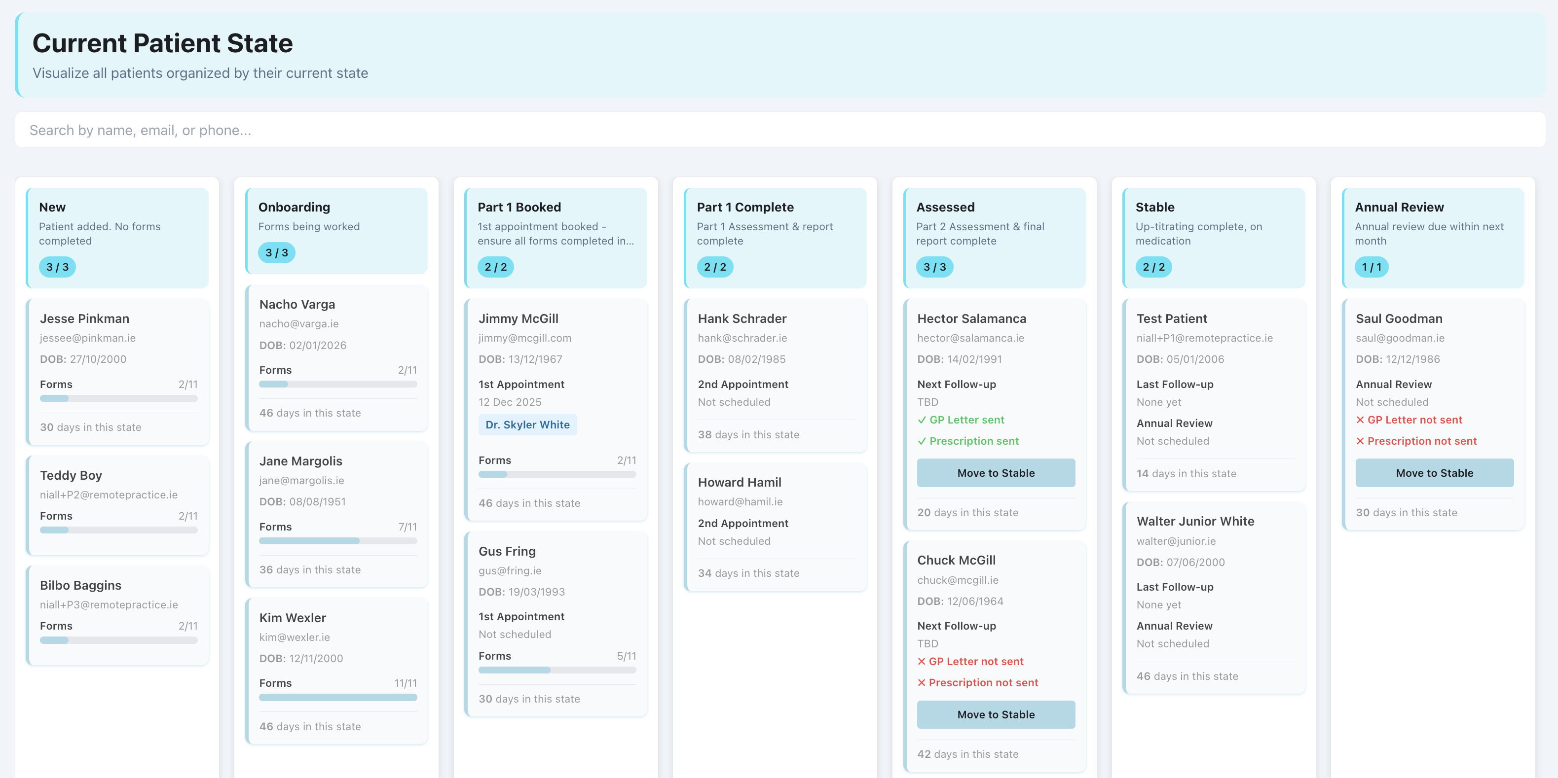 SmartFlow ADHD appointment calendar showing scheduled ADHD assessments in day, week and month views